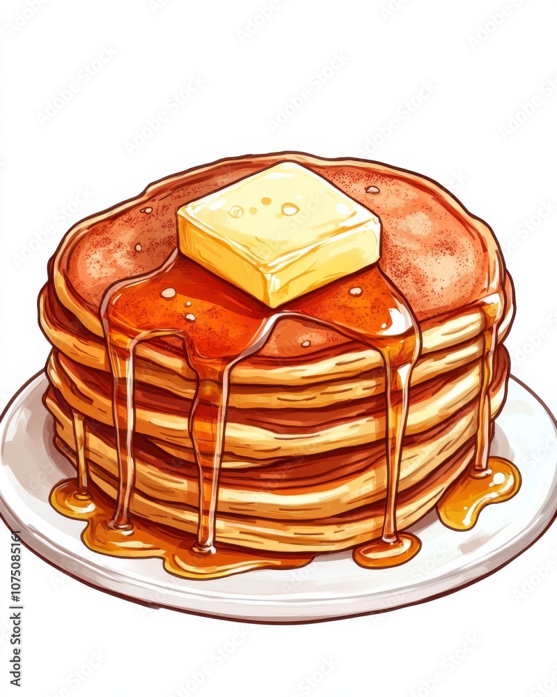 Poster delicious stack of fluffy pancakes with melting butter and syrup on a white plate garnished with a l