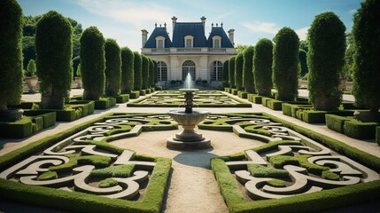 A photo of a formal French garden with geometric pattern
