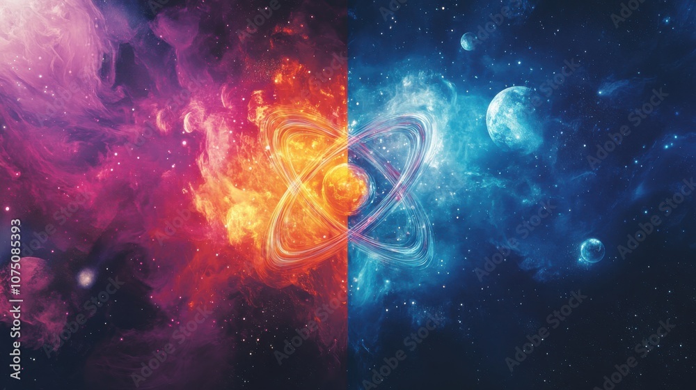 Poster A split-screen view contrasting an atom with a vibrant cosmic background illustrating the synergy of science and the universe