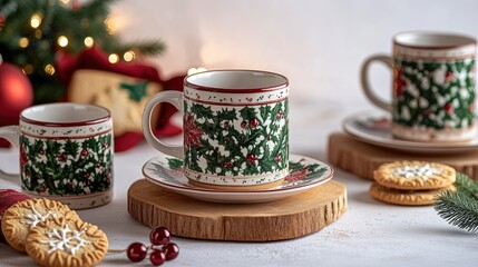 Fototapeta premium A set of Christmas-themed mugs, cookies, and decorations arranged elegantly on a white background, perfect for a festive celebration.