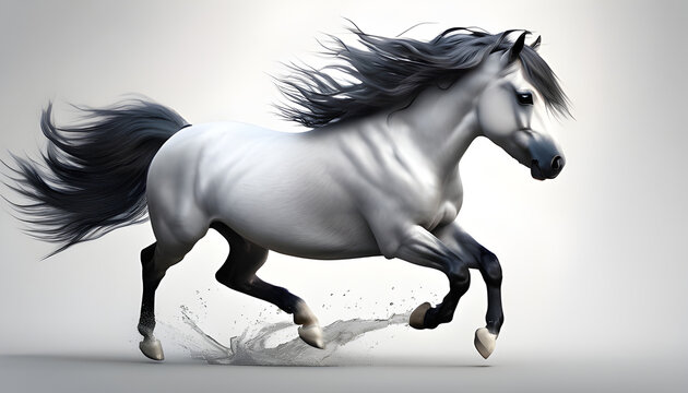 A mini horse is jumping for fun on a bright white background.