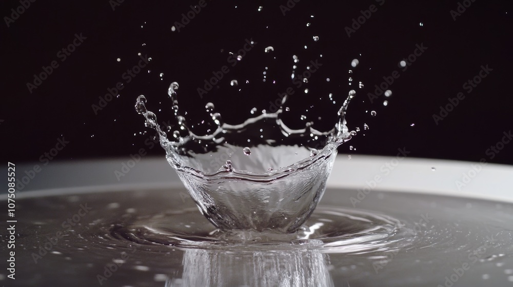Poster Captivating slow-motion capture of a water drop creating an intricate splash on a reflective surface against a dark background