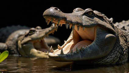 Obraz premium A fierce encounter between two menacing reptiles an alligator versus a crocodile