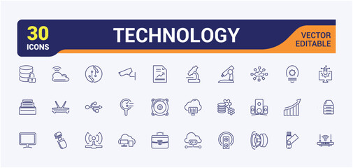 Technology vector line icon set. Featuring collection, cloud, graphic, computer, 5g, network and more. Set of line pictogram. Editable vector stroke.