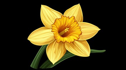 Obraz premium A single yellow daffodil with green leaves against a black background