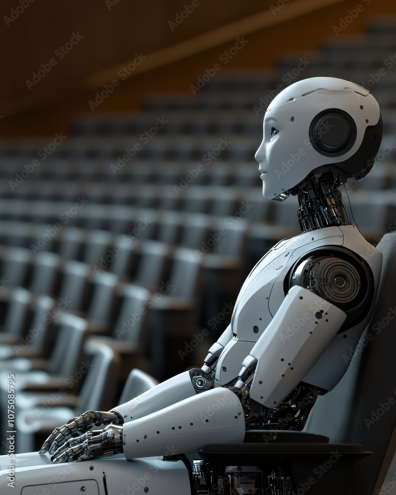 Poster a humanoid robot sitting upright in an empty auditorium, observing its surroundings during a quiet m