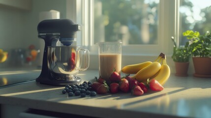 A fresh assortment of bananas, strawberries, and blueberries next to a mixer in a bright kitchen