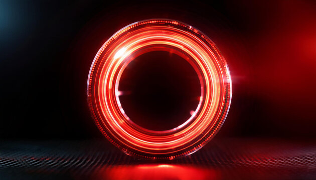 Futuristic cyberpunk-style glowing red neon ring. Dynamic energy on dark backdrop. Digital art.