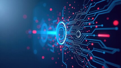 Fototapeta premium Abstract futuristic digital interface with circular HUD elements on a dark background. High-tech, cybersecurity, artificial intelligence-themed visuals, copy space for design or wallpaper applications