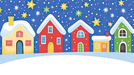 Obraz premium A snowy village scene at night, featuring brightly lit houses with Christmas decorations and twinkling stars in the background sky.