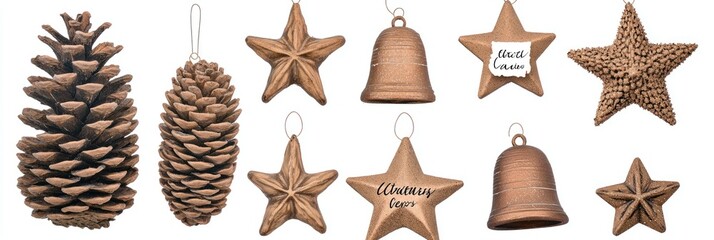 A collection of decorative ornaments including pine cones, stars, and bells.