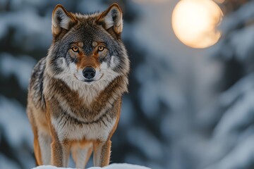 Fototapeta premium A lone wolf stands in a snowy forest, staring intently at the camera with a blurred sunset in the background.