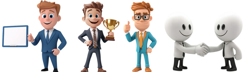 Obraz premium collection of animated business characters showcasing teamwork, success, and professionalism. characters include presenter, winner with trophy, and two figures shaking hands