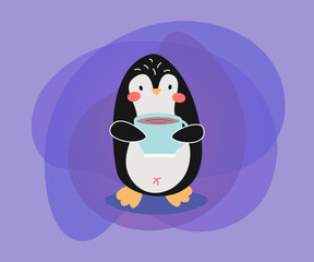 Funny penguin cartoon character with coffee cup vector illustration. Comic bird idrinking coffee, celebration of winter holidays: Christmas, New Year. Winter activities concept