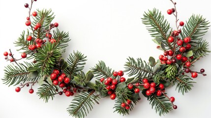 A Christmas wreath made of green pine branches and red berries, isolated on white background