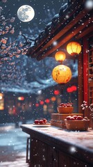 Obraz premium Abstract Advertising Background Featuring a High-End Winter Chinese Garden Snow Scene with Product Booths in the Foreground, Set Against a Night Sky with a Moon and Plum Blossoms, Rendered in 3D, Show