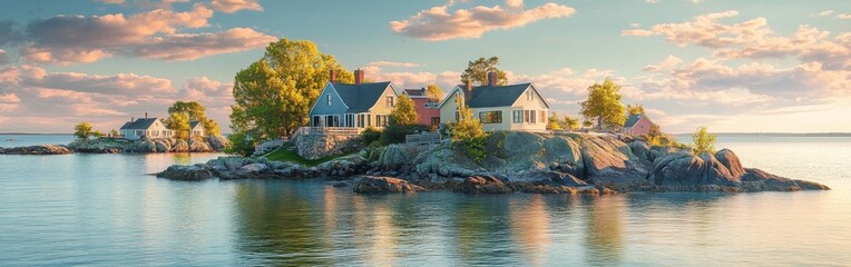 Obraz premium A tranquil sunset view of the Thimble Islands showcasing charming homes surrounded by calm waters in Connecticut