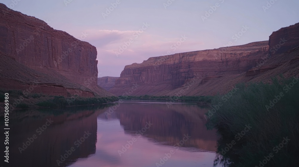 Poster a peaceful canyon view at twilight showcasing tranquil waters and majestic cliffs under a soft paste