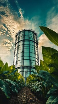 Camera moving through banana plantation revealing gasometer