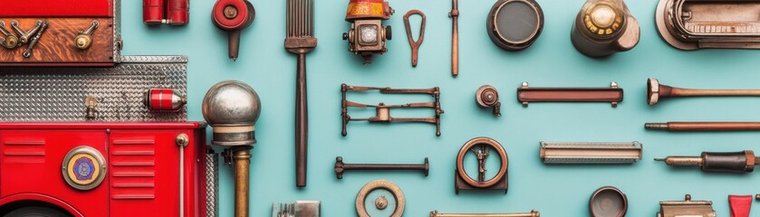 Collection of vintage tools and mechanical parts on a blue surface.