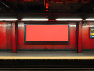 Photo Subway Platform Red Advertisement Screen, Red Tiles, and Train Tracks
