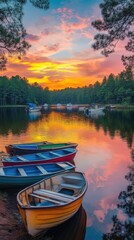 Obraz premium A tranquil evening at Lake with colorful boats resting on calm waters under a stunning sunset glow