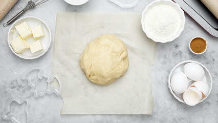 Ingredients for autumn baking. Ball of dough on the table