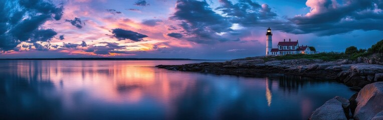 Obraz premium Golden sunset illuminating the calm waters of Sakonnet Point with a charming lighthouse nearby