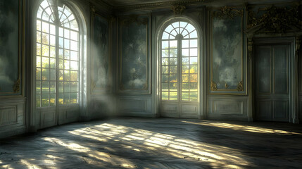 Fototapeta premium Illustration Empty Palace Ballroom Sunlight Streaming Through Windows