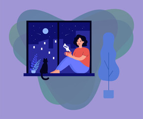 Happy girl sitting at window near cat and drinking hot beverage. Woman enjoying tea or coffee at night. Vector illustration for pet, cozy home, hygge concepts
