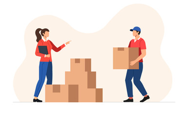Organizing boxes in warehouse, two employees collaborate efficiently. woman points while man carries box, showcasing teamwork and productivity