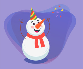 Happy snowman cartoon character vector illustration. Comic snowman in party hat celebrating New Year or Christmas on abstract pruple background. Winter, holidays concept