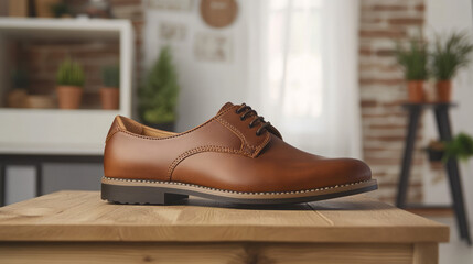 Mockup brown leather shoes on wooden table in side view with white background, Ai generated images