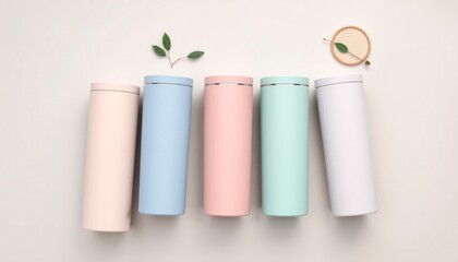 Set of Five Colorful Stainless Steel Tumblers on White Background