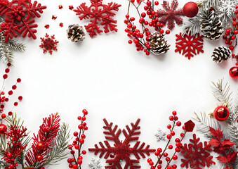 Red Christmas border with snowflakes and decorations on a white background
