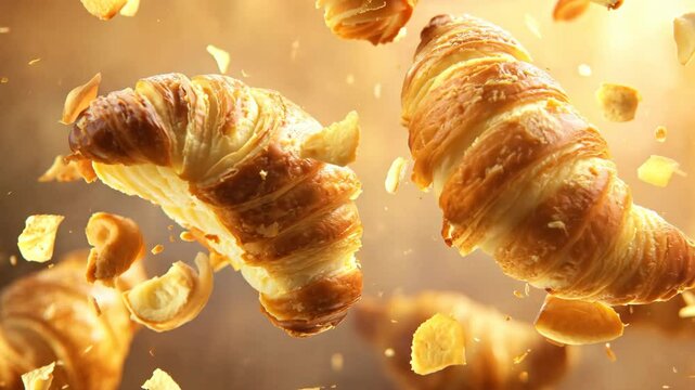 A close up of a croissant with a few crumbs falling from it