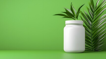 White Jar with Green Leaves on Green Background.