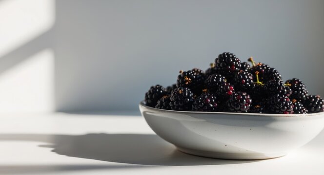 Ripe blackberries in a ceramic dish closeup.