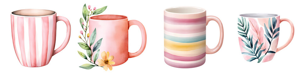Colorful mugs with floral designs and stripes, perfect for kitchen gifts, isolate white background