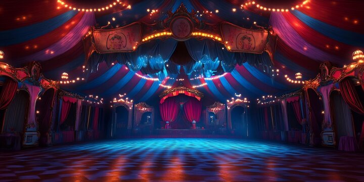 Enchanting Circus Tent Stage with Vibrant Lights and Festive Decor