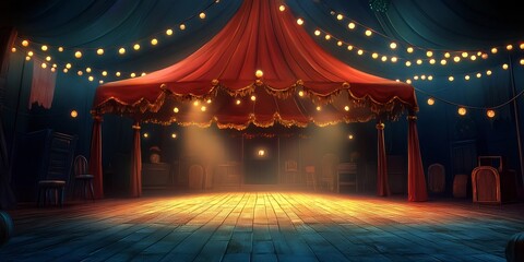 Alluring Circus Tent Interior with Glowing Spotlights and Dramatic Stage Background
