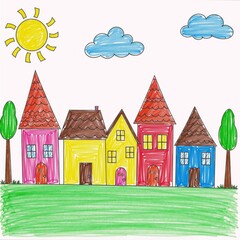 Naklejka premium A child-like illustration portrays conceptual homes amidst clouds trees and green grass targeting first-time homebuyers in a vibrant housing market