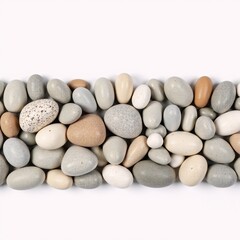 Detailed close-up of a multi-colored gravel border gray white  brown against a clean white backdrop