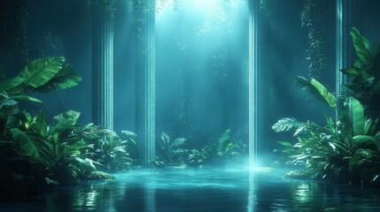 futuristic scene illuminated by green and blue neon lights, intertwined with tropical leaves, creating a lively, vibrant visual atmosphere