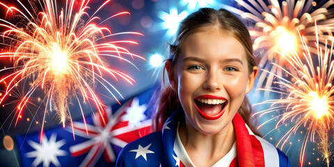Close Up Portrait of Person with Australian Fireworks in Background Joyful Expression Vibrant Colors Celebration National Pride Ample Copy Space Photo Stock Concept