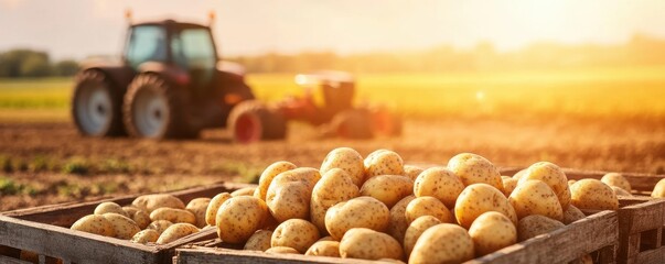 Freshly harvested potatoes in crates on a sunny farm.