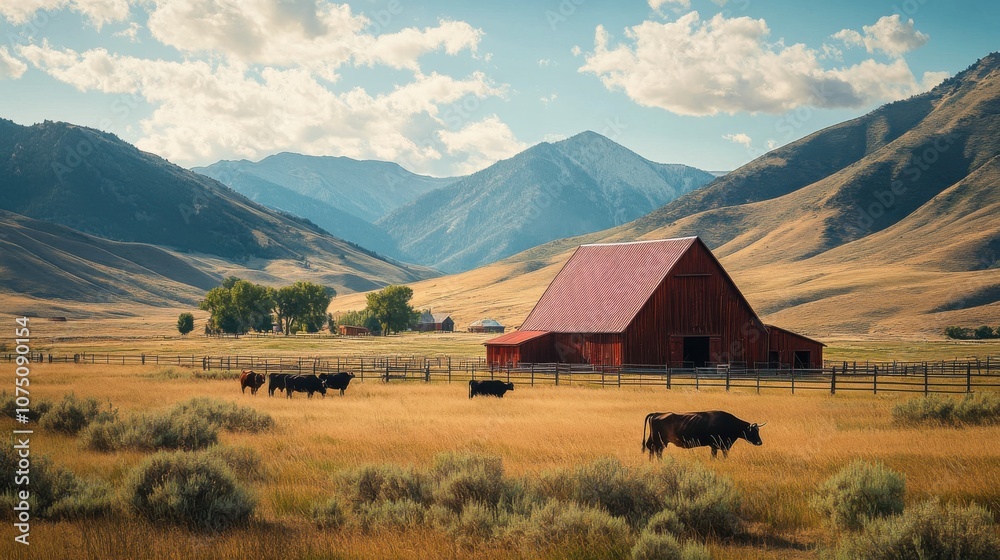 Poster a tranquil afternoon in carson valley with grazing cows by the rustic barn and majestic mountains in