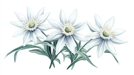 Fototapeta premium Three White Flowers with Green Stems and Leaves