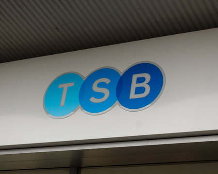  Trustee Savings Bank sign and TSB logo whose nationwide bank branches offer mortgages, savings and current accounts as well as business and other financial services