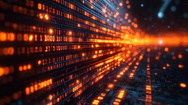 Abstract digital data flow with binary code in vibrant colors.